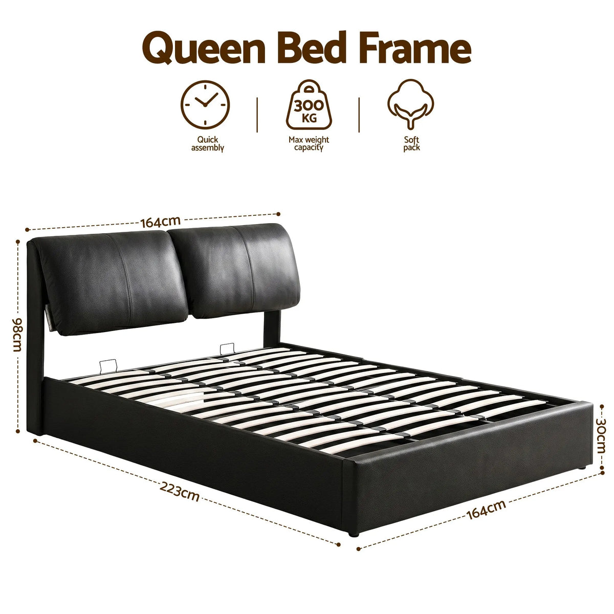 Artiss Queen Bed Frame Gas Lift Storage 3 Drawers Adjustable Headboard Platform Bed Black - Image 2
