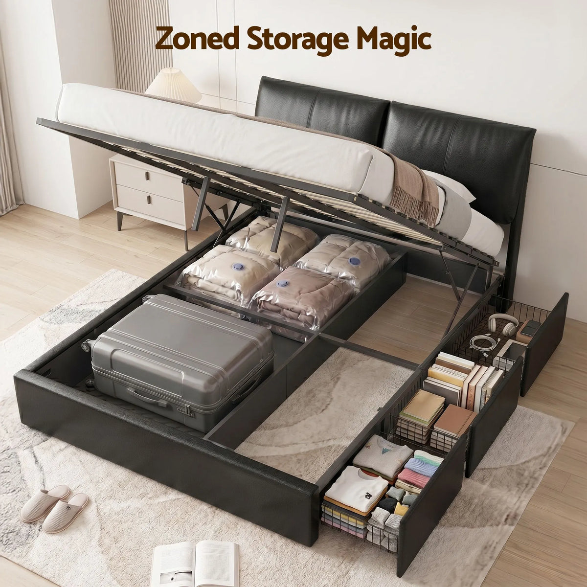 Artiss Queen Bed Frame Gas Lift Storage 3 Drawers Adjustable Headboard Platform Bed Black - Image 4