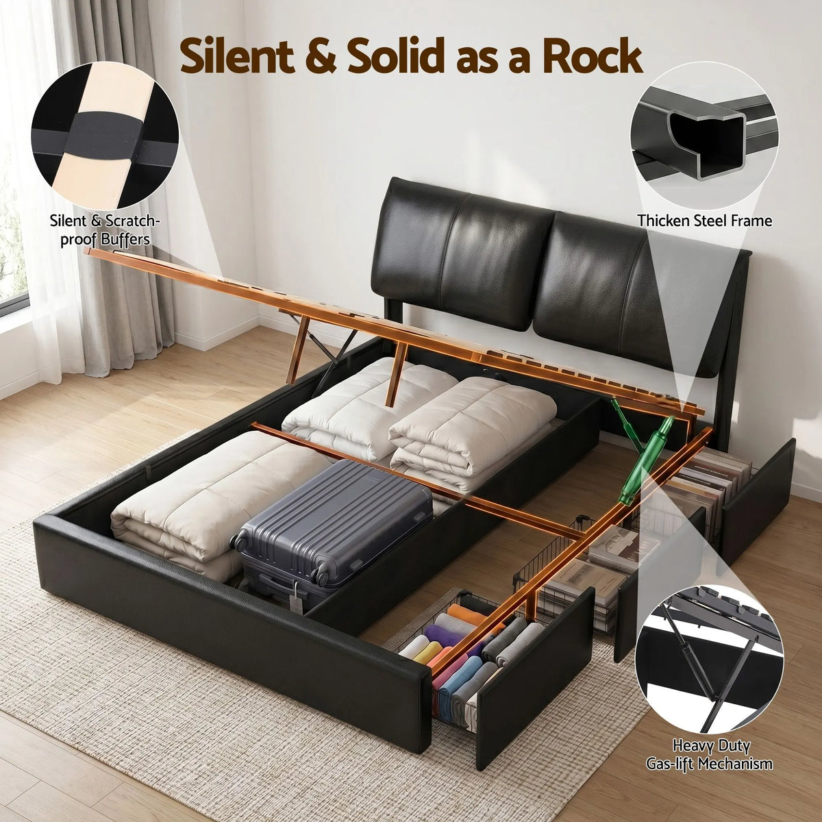 Artiss Queen Bed Frame Gas Lift Storage 3 Drawers Adjustable Headboard Platform Bed Black - Image 8
