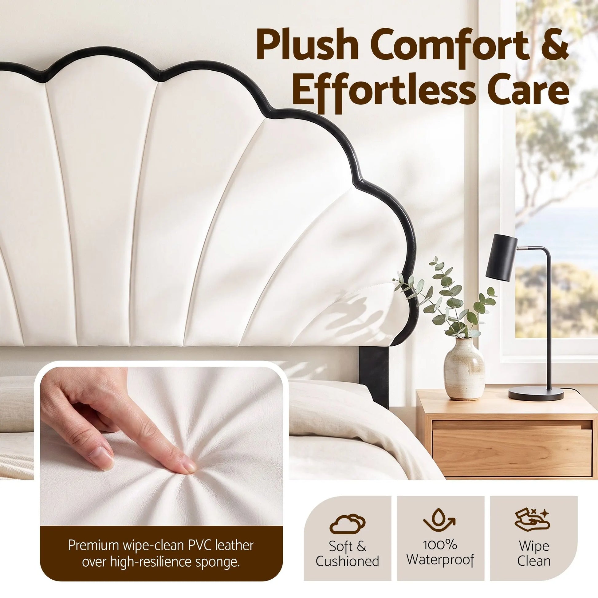 Artiss Queen Bed Frame with Adjustable Shell Headboard and PVC Upholstery - Image 7