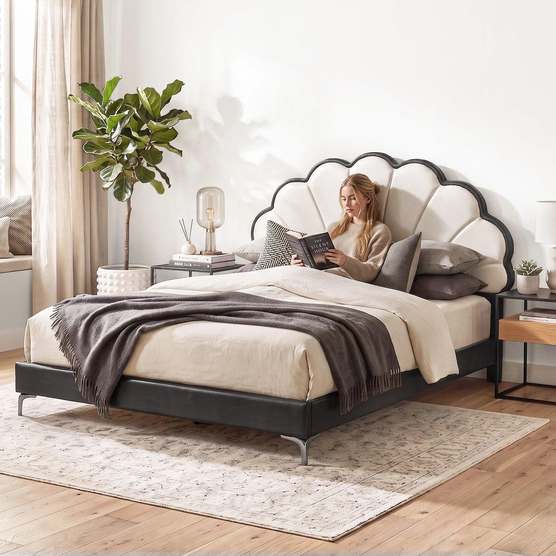Artiss Queen Bed Frame with Adjustable Shell Headboard and PVC Upholstery - Image 8