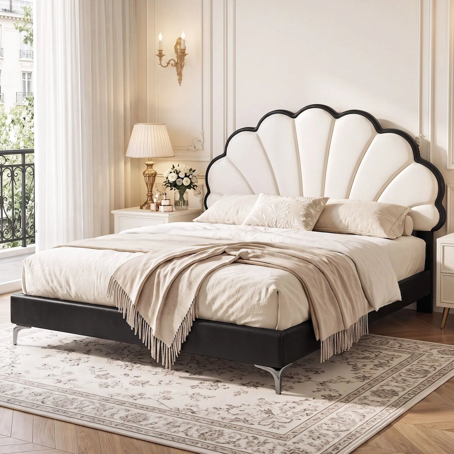 Artiss Queen Bed Frame with Adjustable Shell Headboard and PVC Upholstery - Image 9
