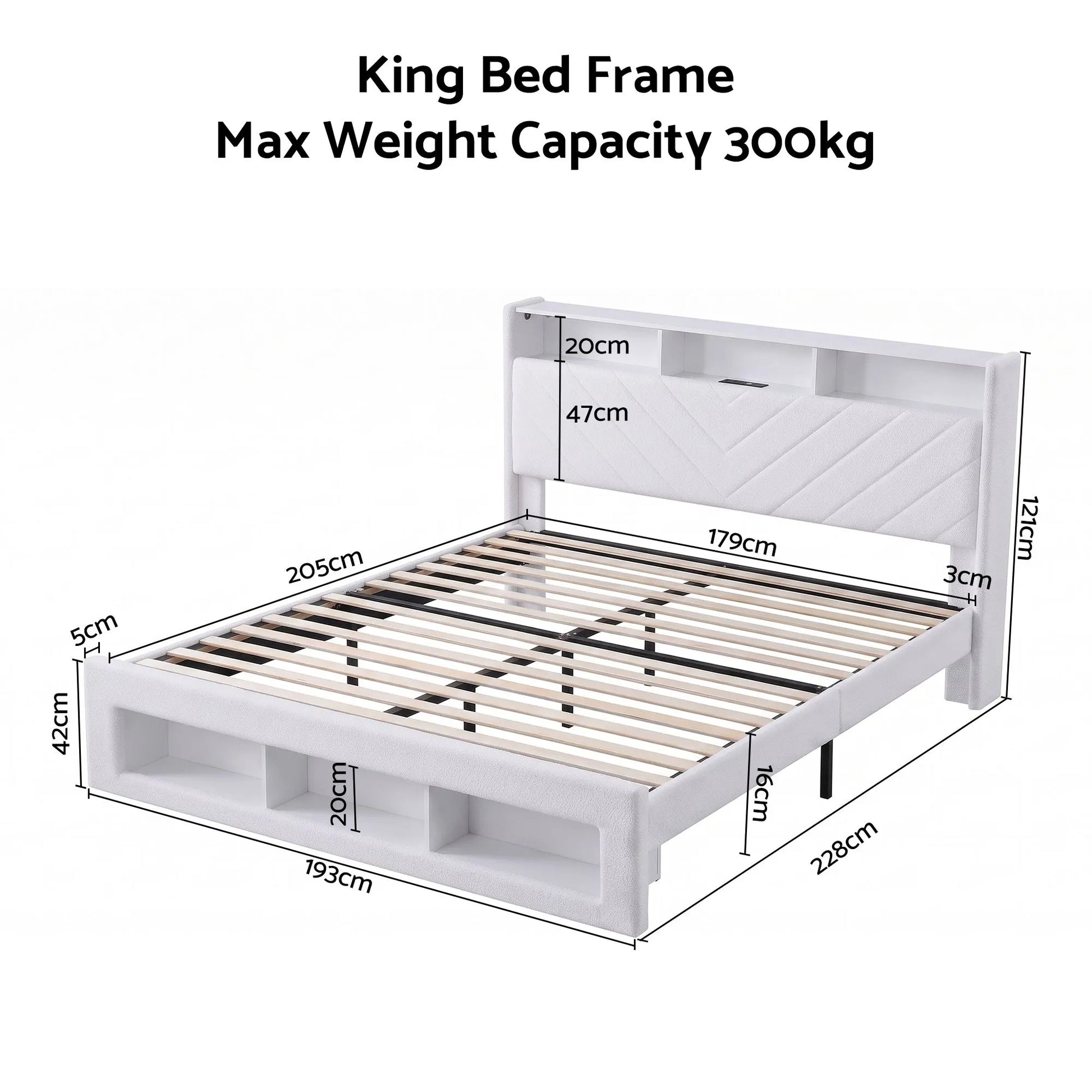 Artiss King Bed Frame with Storage, Charging Station & LED, White - Image 3