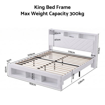 Artiss King Bed Frame with Storage, Charging Station & LED, White - Image 3