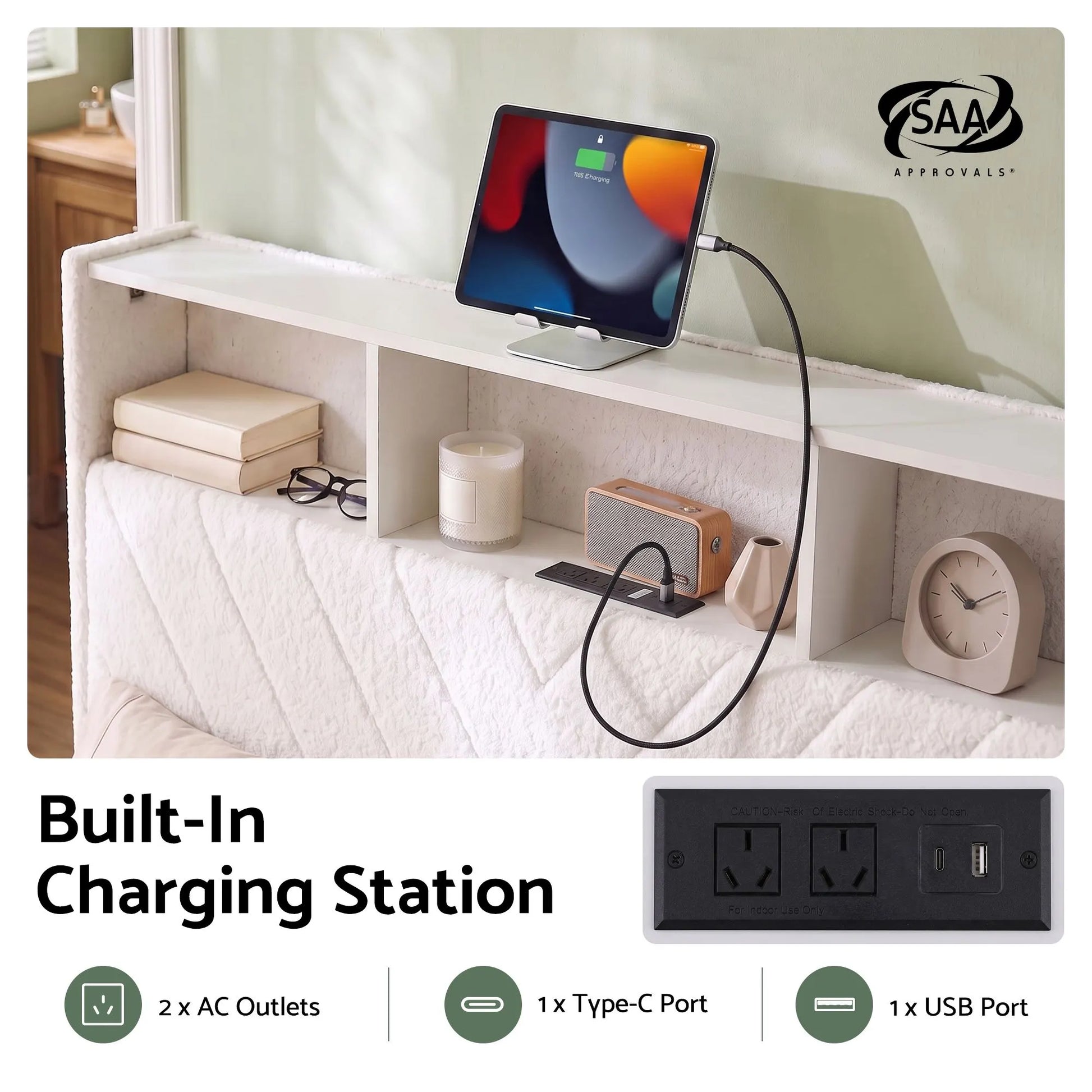 Artiss King Bed Frame with Storage, Charging Station & LED, White - Image 5