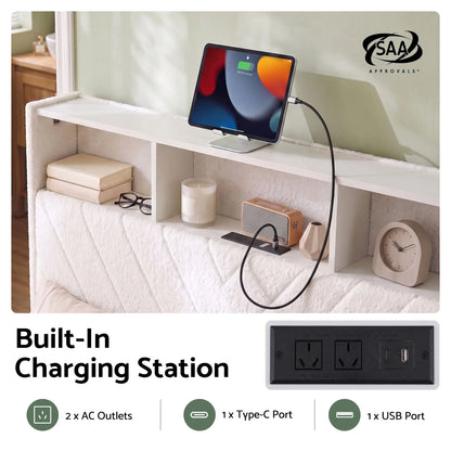Artiss King Bed Frame with Storage, Charging Station & LED, White - Image 5