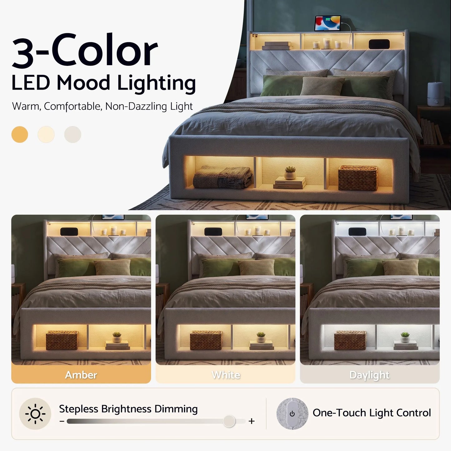 Artiss King Bed Frame with Storage, Charging Station & LED, White - Image 7
