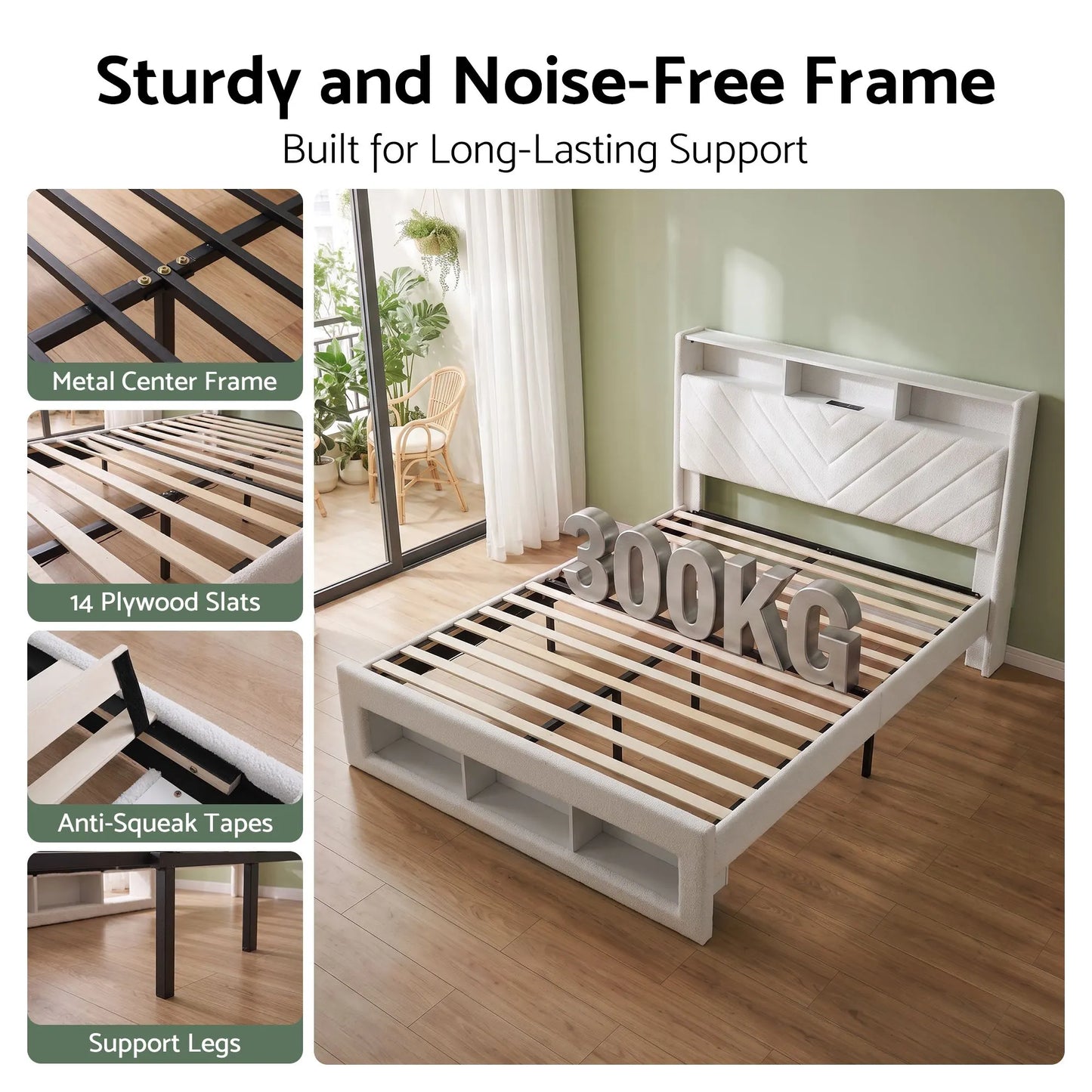 Artiss King Bed Frame with Storage, Charging Station & LED, White - Image 8