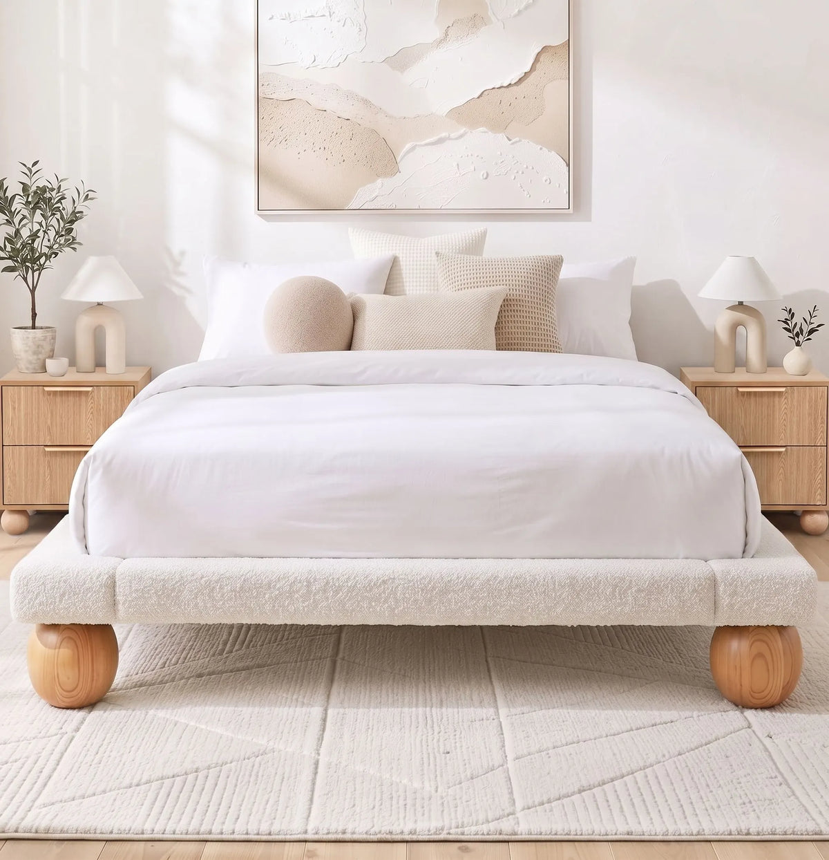 Artiss Queen Bed Frame and 2 Bedside Table Set, Boucle Upholstery Platform Bed