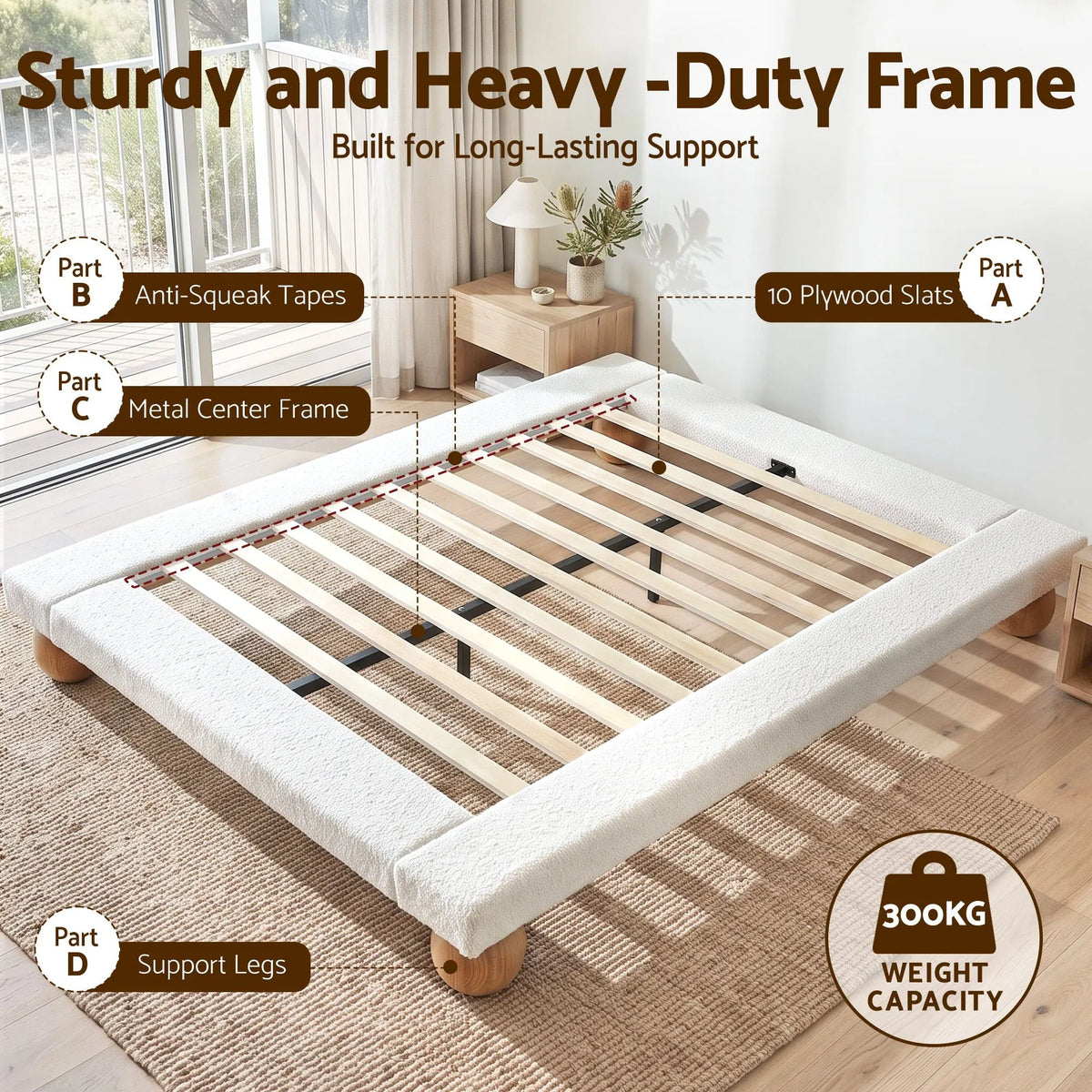 Artiss Queen Bed Frame with Boucle Upholstery and Solid Rubber Wood Legs - Image 6