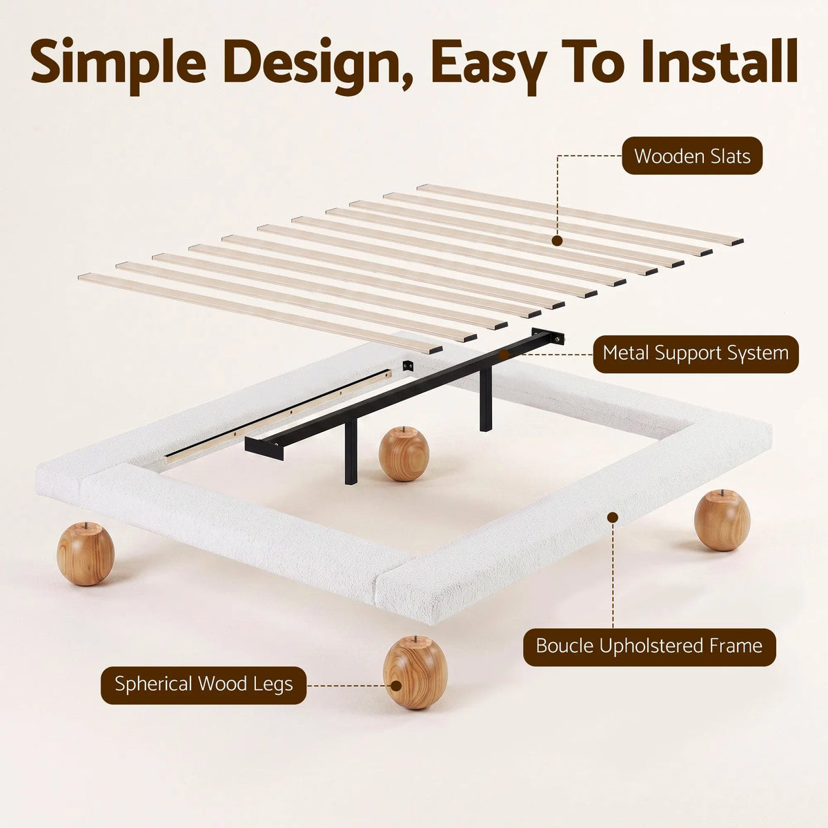 Artiss Queen Bed Frame with Boucle Upholstery and Solid Rubber Wood Legs - Image 8