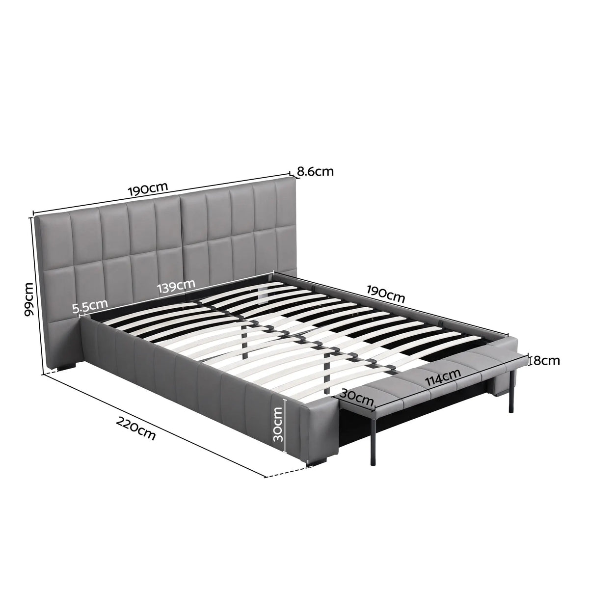 Artiss Double Size Upholstered Gas Lift Bed Frame with Foldable Bench PVC Leather Platform Bed with Storage - Image 3