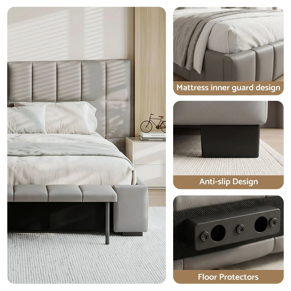 Artiss Double Size Upholstered Gas Lift Bed Frame with Foldable Bench PVC Leather Platform Bed with Storage - Image 9