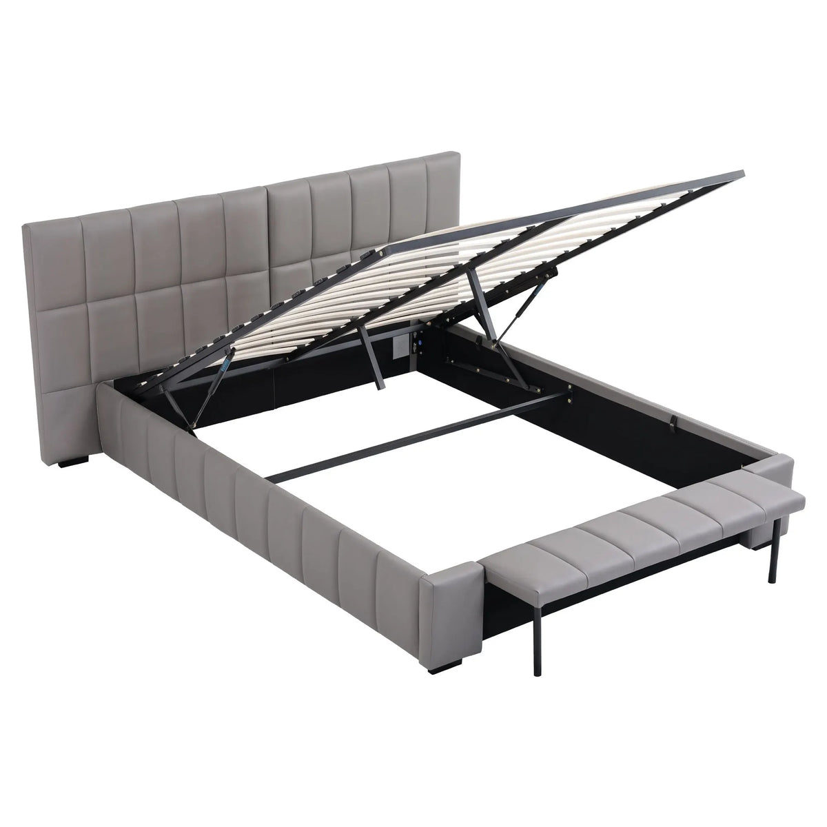 Artiss Queen Size Upholstered Gas Lift Bed Frame with Foldable Bench PVC Leather Platform Bed with Storage - Image 2