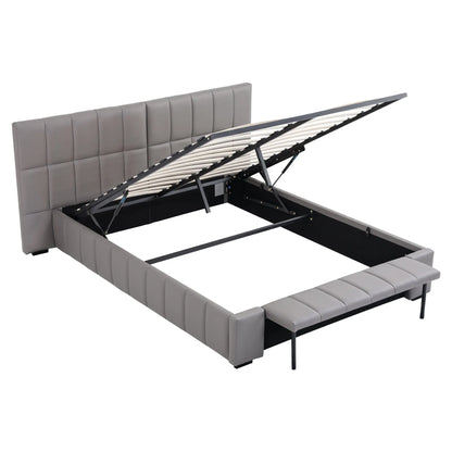 Artiss Queen Size Upholstered Gas Lift Bed Frame with Foldable Bench PVC Leather Platform Bed with Storage - Image 2