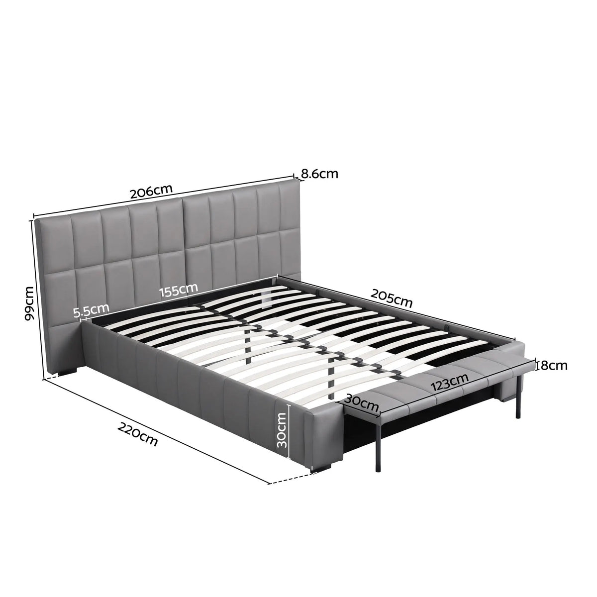 Artiss Queen Size Upholstered Gas Lift Bed Frame with Foldable Bench PVC Leather Platform Bed with Storage - Image 3