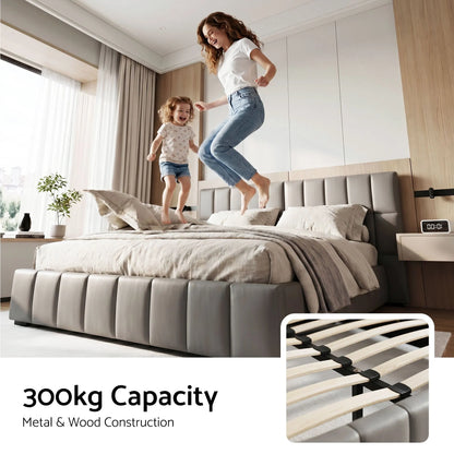 Artiss Queen Size Upholstered Gas Lift Bed Frame with Foldable Bench PVC Leather Platform Bed with Storage - Image 7