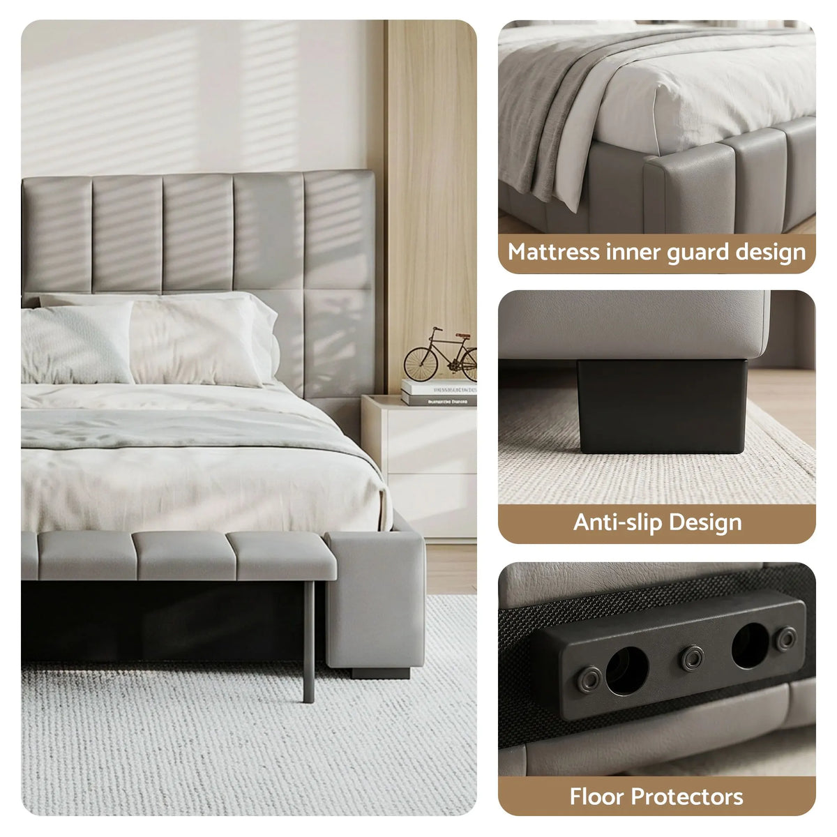 Artiss Queen Size Upholstered Gas Lift Bed Frame with Foldable Bench PVC Leather Platform Bed with Storage - Image 9