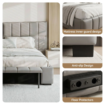 Artiss Queen Size Upholstered Gas Lift Bed Frame with Foldable Bench PVC Leather Platform Bed with Storage - Image 9
