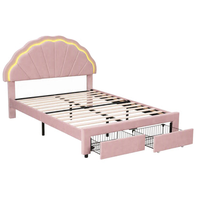 Artiss Double Bed Frame with 2 Storage Drawers Upholstered Velvet Platform Bed LED Headboard Pink - Image 2