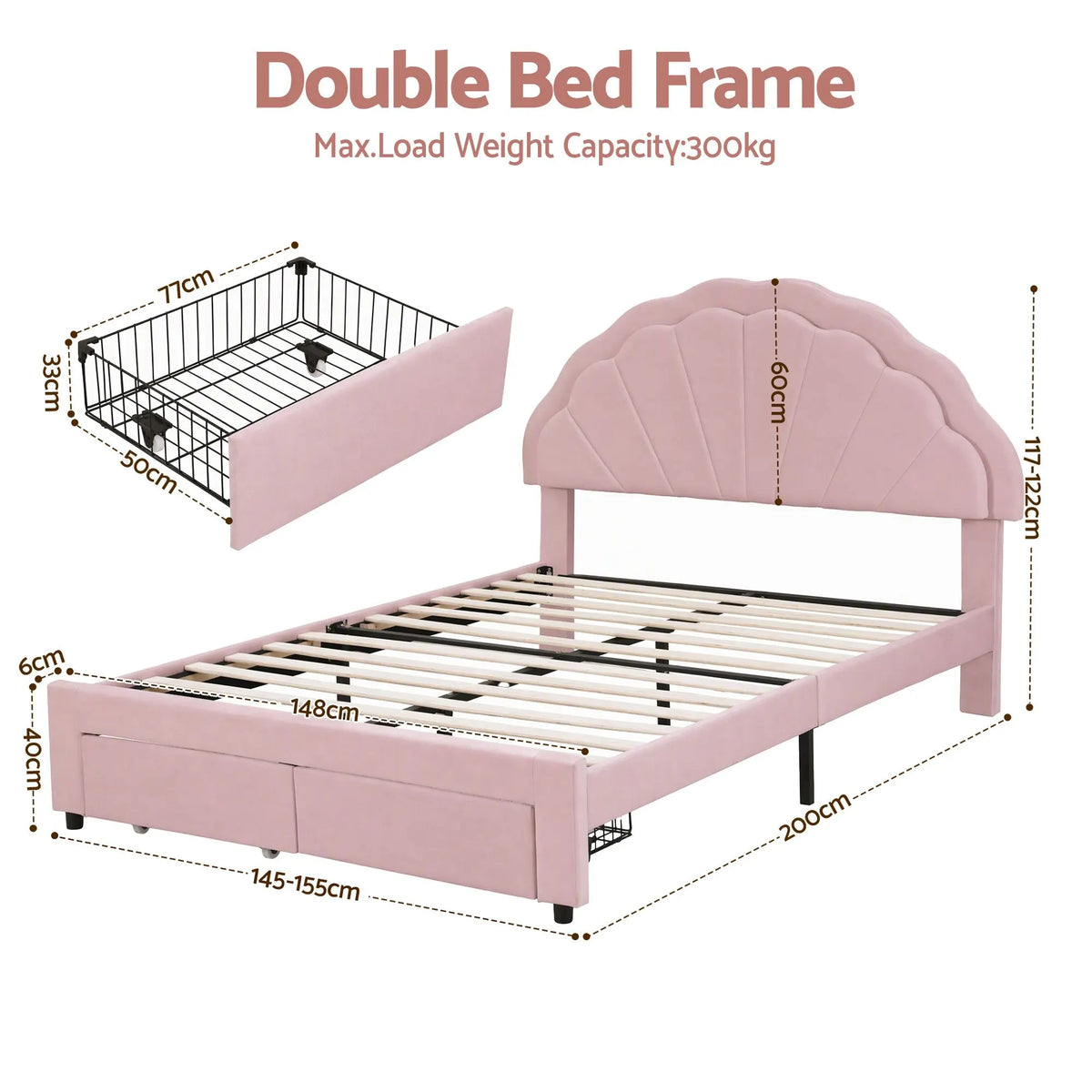 Artiss Double Bed Frame with 2 Storage Drawers Upholstered Velvet Platform Bed LED Headboard Pink - Image 3