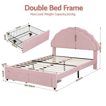 Artiss Double Bed Frame with 2 Storage Drawers Upholstered Velvet Platform Bed LED Headboard Pink - Image 3