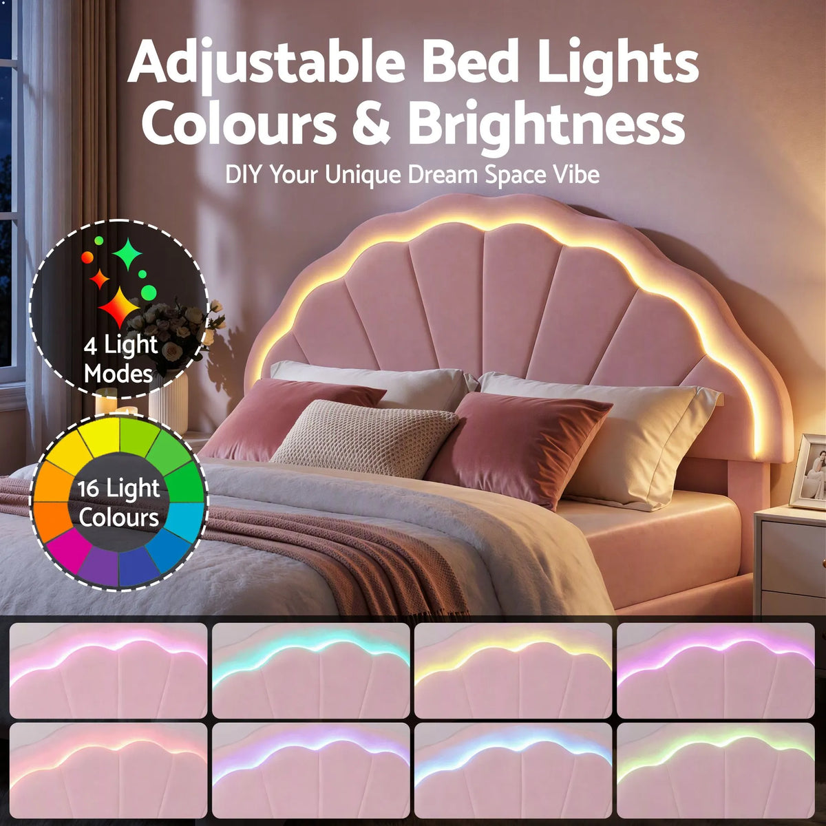 Artiss Double Bed Frame with 2 Storage Drawers Upholstered Velvet Platform Bed LED Headboard Pink - Image 6
