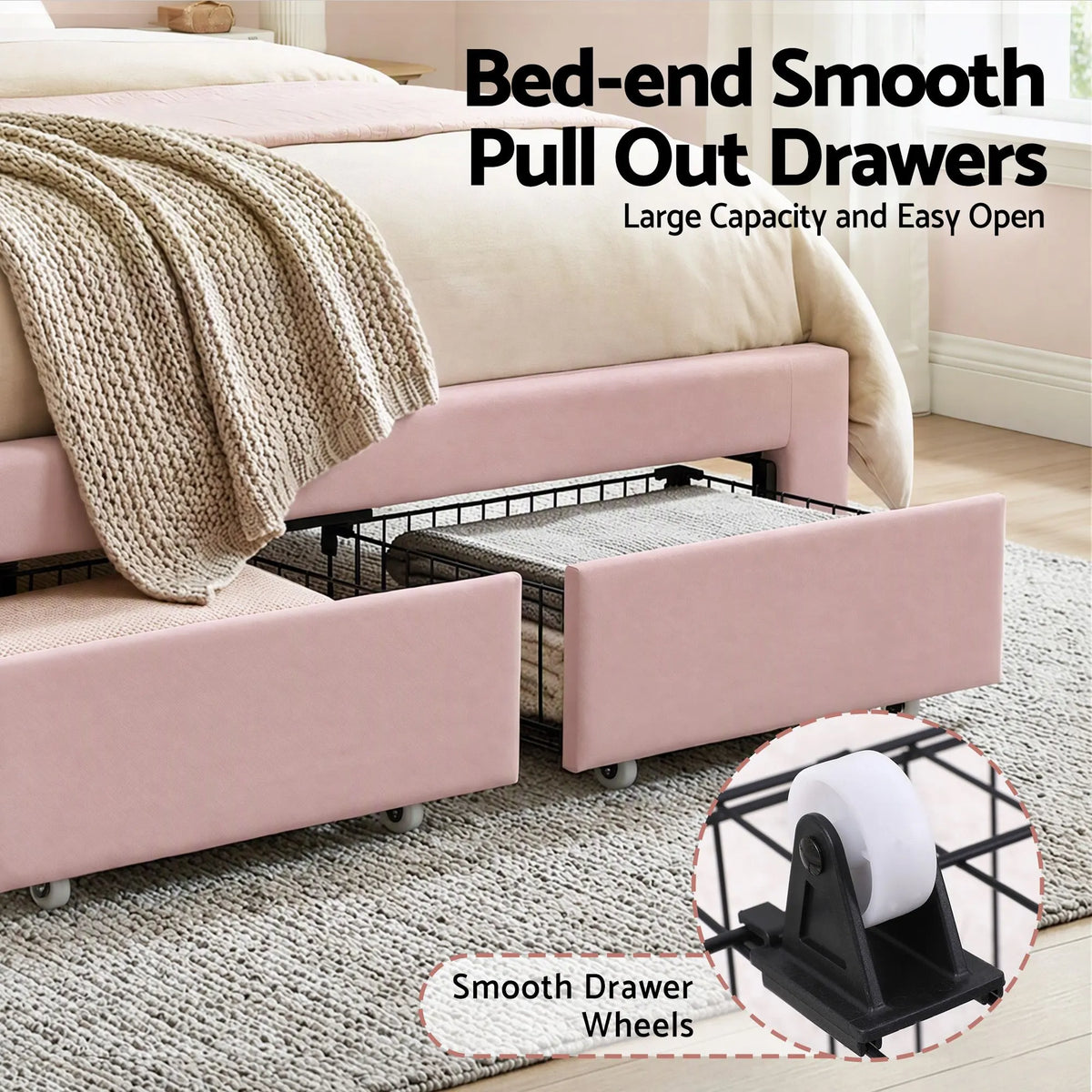 Artiss Double Bed Frame with 2 Storage Drawers Upholstered Velvet Platform Bed LED Headboard Pink - Image 7
