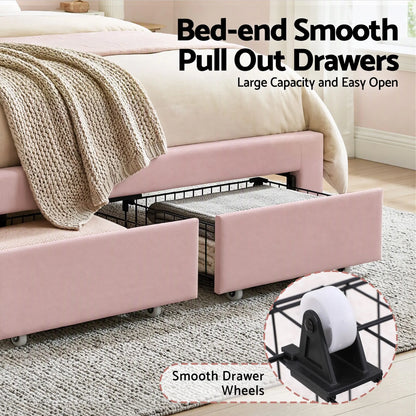 Artiss Double Bed Frame with 2 Storage Drawers Upholstered Velvet Platform Bed LED Headboard Pink - Image 7