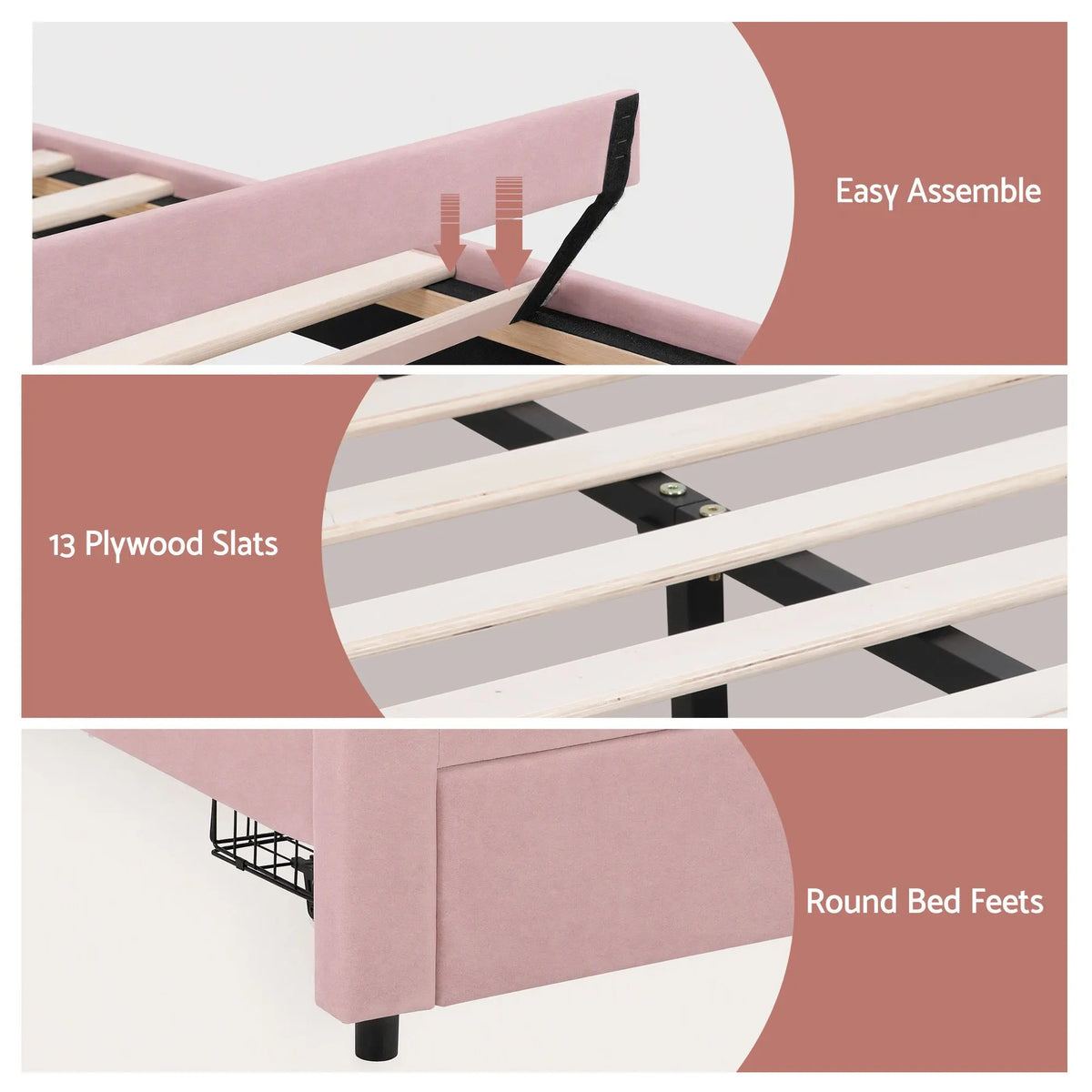 Artiss Double Bed Frame with 2 Storage Drawers Upholstered Velvet Platform Bed LED Headboard Pink - Image 8