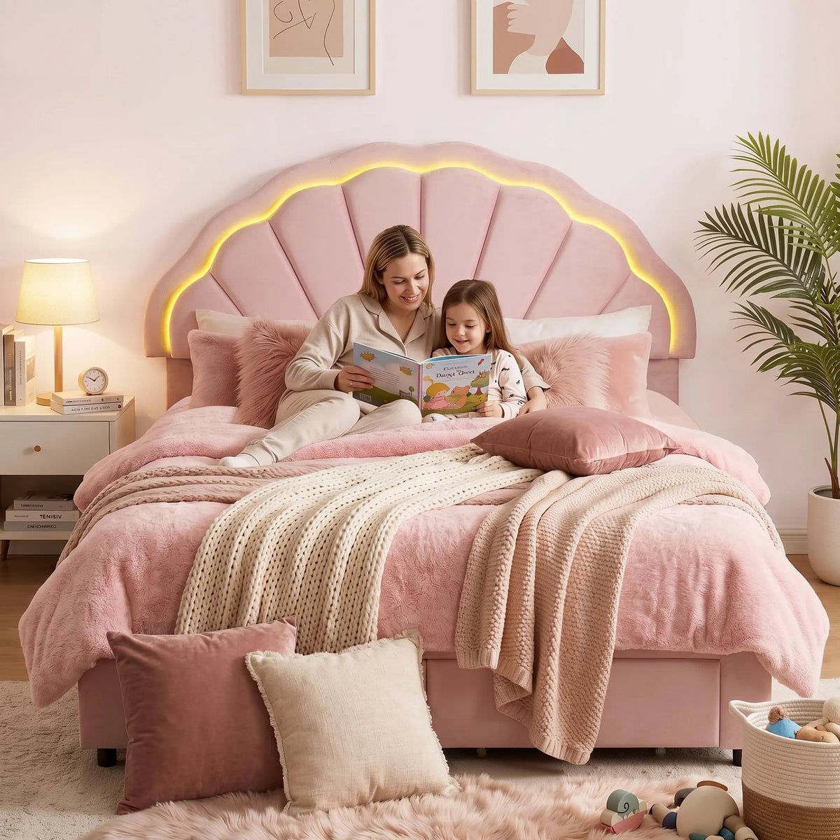 Artiss Double Bed Frame with 2 Storage Drawers Upholstered Velvet Platform Bed LED Headboard Pink - Image 9