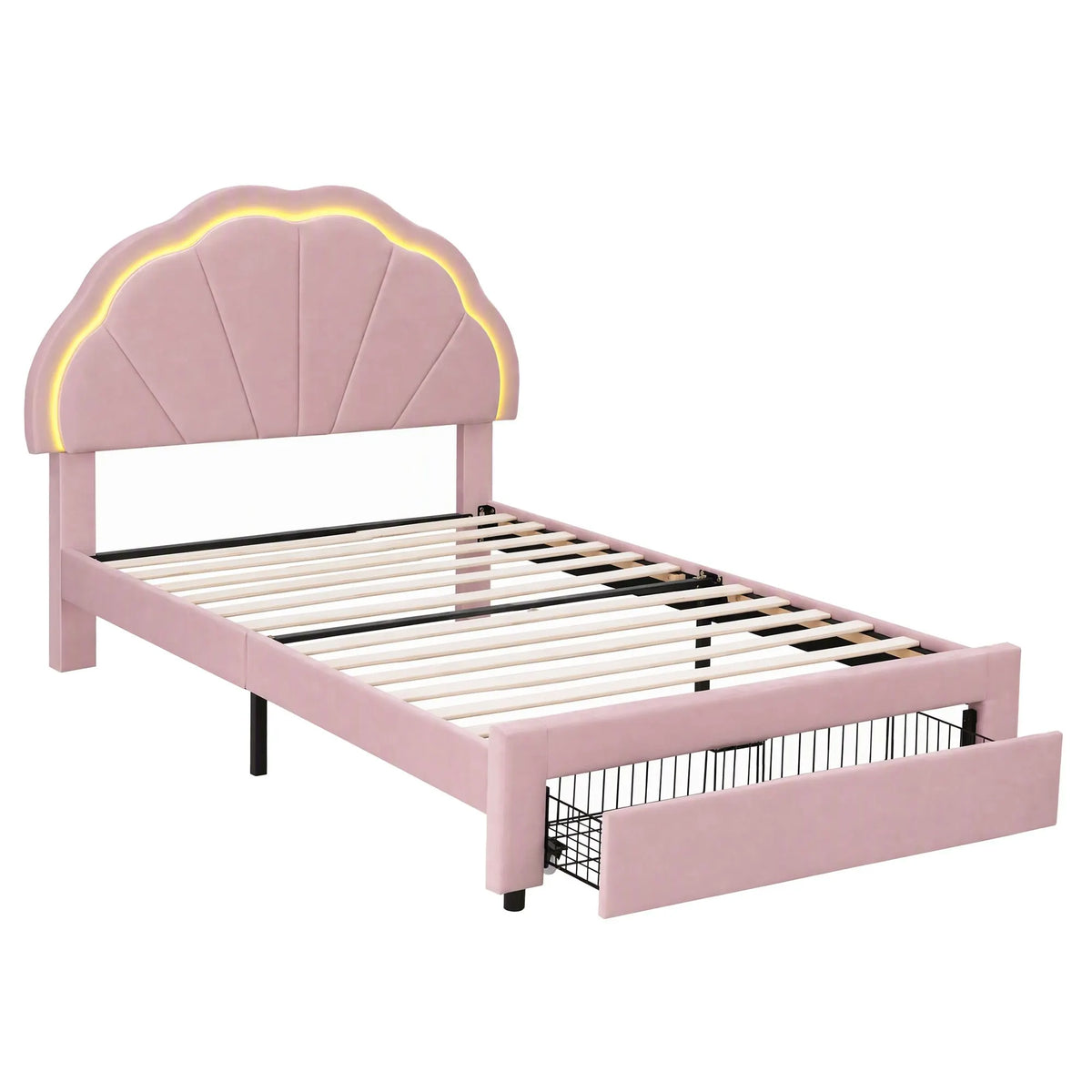 Artiss King Single Bed Frame with 1 Storage Drawers Upholstered Velvet Platform Bed LED Headboard Pink - Image 2