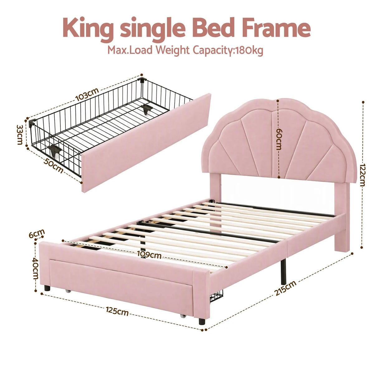 Artiss King Single Bed Frame with 1 Storage Drawers Upholstered Velvet Platform Bed LED Headboard Pink - Image 3