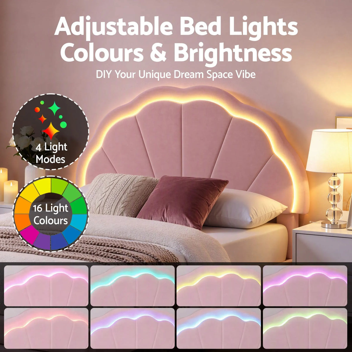 Artiss King Single Bed Frame with 1 Storage Drawers Upholstered Velvet Platform Bed LED Headboard Pink - Image 6