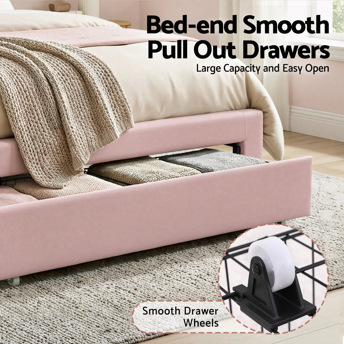 Artiss King Single Bed Frame with 1 Storage Drawers Upholstered Velvet Platform Bed LED Headboard Pink - Image 7