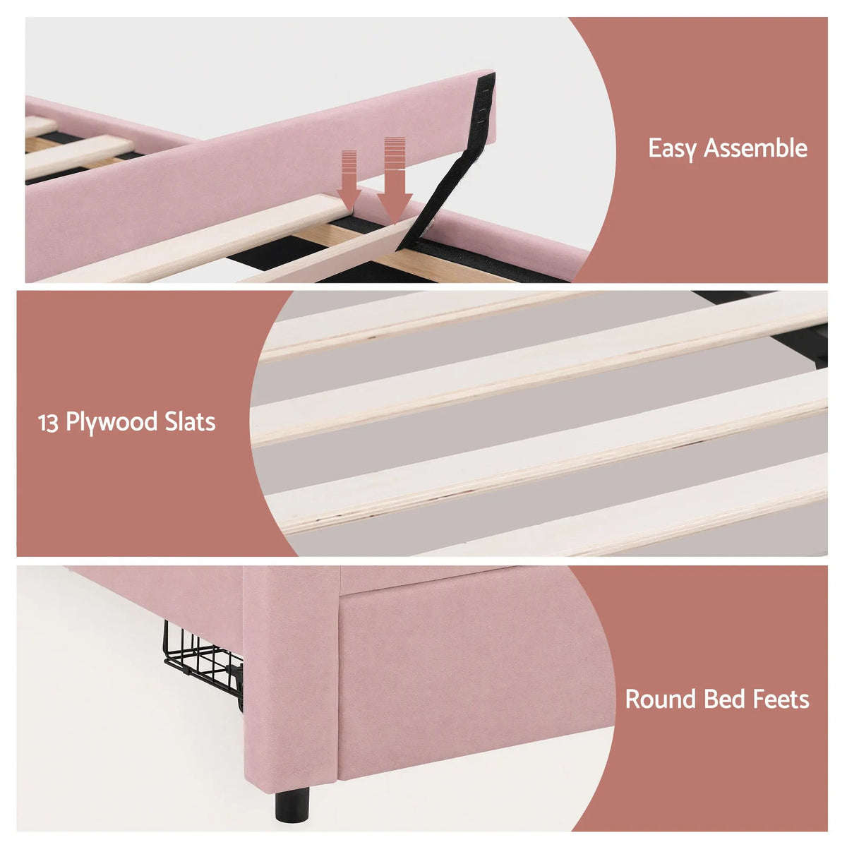 Artiss King Single Bed Frame with 1 Storage Drawers Upholstered Velvet Platform Bed LED Headboard Pink - Image 8