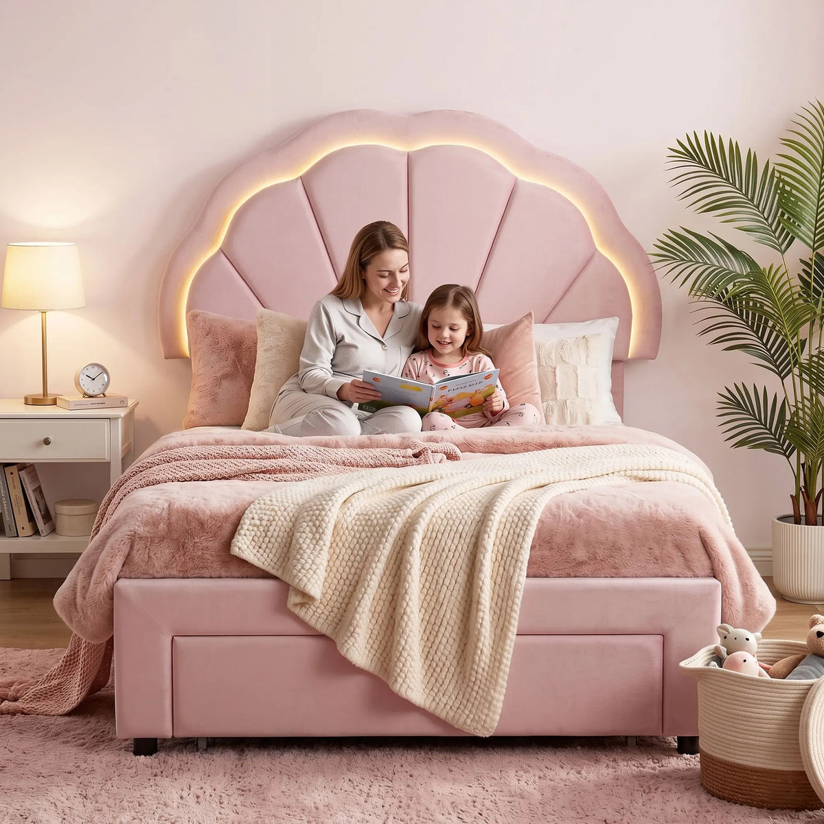 Artiss King Single Bed Frame with 1 Storage Drawers Upholstered Velvet Platform Bed LED Headboard Pink - Image 9