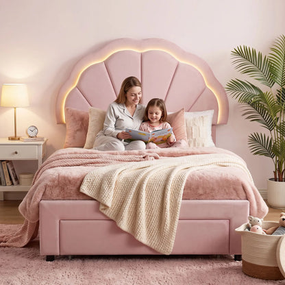 Artiss King Single Bed Frame with 1 Storage Drawers Upholstered Velvet Platform Bed LED Headboard Pink - Image 9