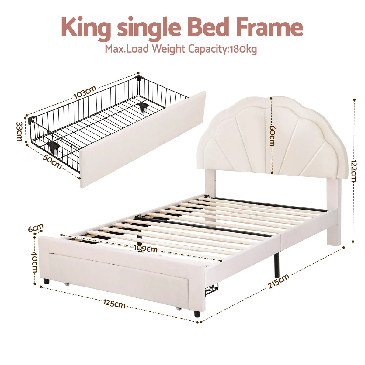 Artiss King Single Bed Frame with Storage Drawer Upholstered Velvet Platform Bed LED Headboard - Image 2