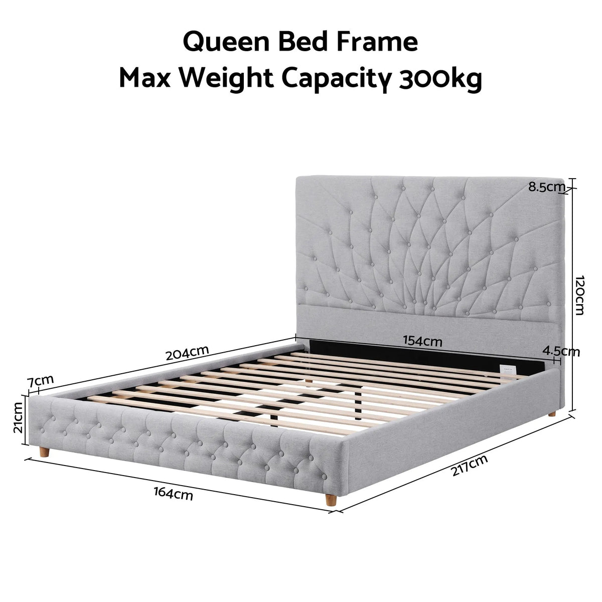 Artiss Queen Bed Frame with Tufted Headboard and Plywood Slats Grey - Image 3
