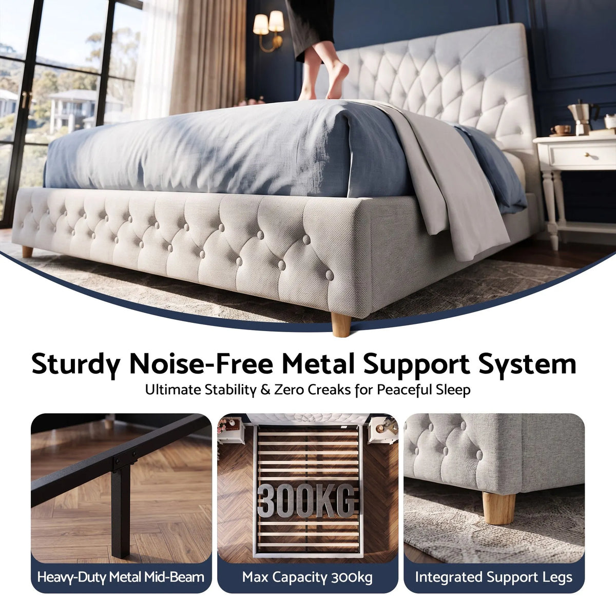Artiss Queen Bed Frame with Tufted Headboard and Plywood Slats Grey - Image 7