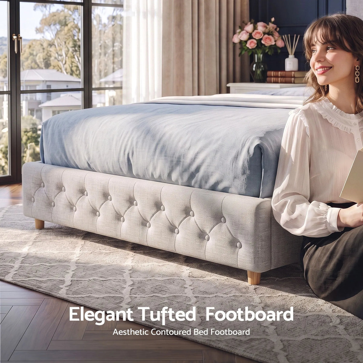 Artiss Queen Bed Frame with Tufted Headboard and Plywood Slats Grey - Image 9