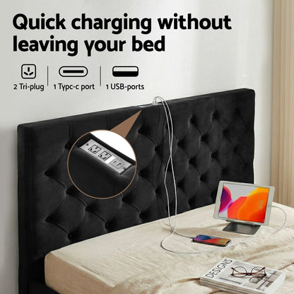 Artiss Double Bed Frame Storage Charging Station Upholstered 3 Drawers USB Type-C - Image 3