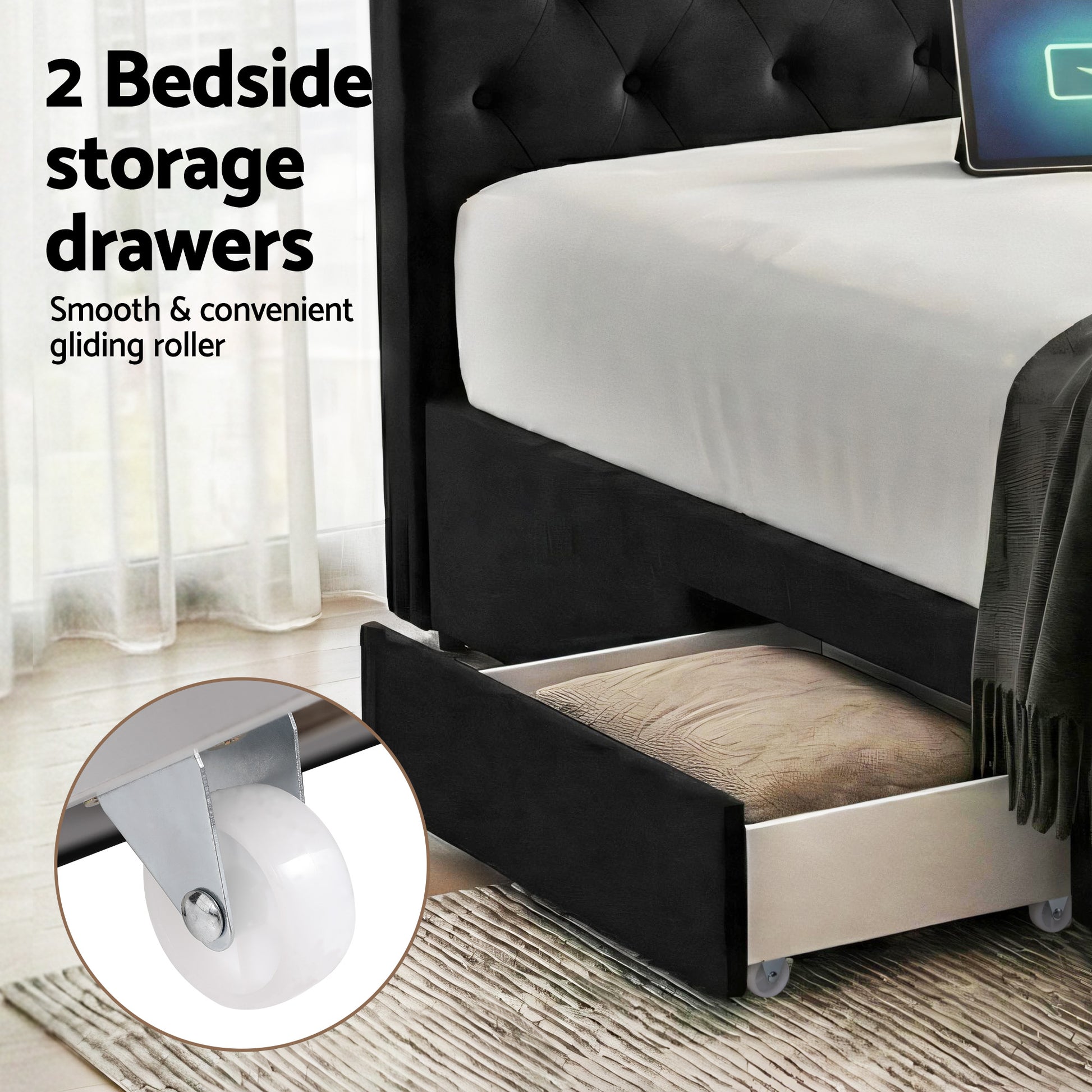 Artiss Double Bed Frame Storage Charging Station Upholstered 3 Drawers USB Type-C - Image 4