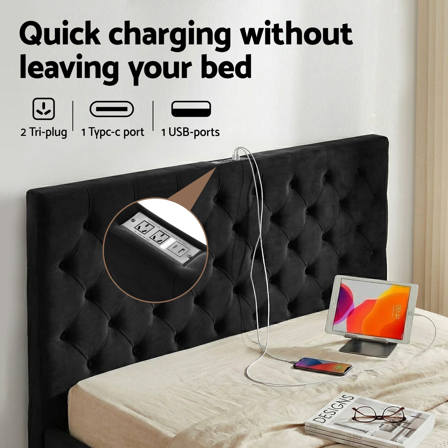 Artiss Queen Bed Frame Storage Charging Station Upholstered 3 Drawers USB Type-C - Image 3