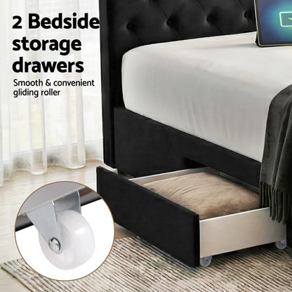 Artiss Queen Bed Frame Storage Charging Station Upholstered 3 Drawers USB Type-C - Image 4