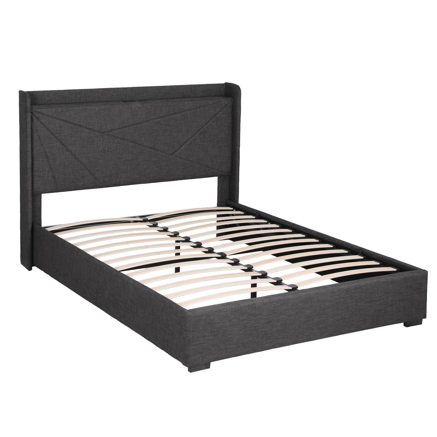 Artiss Double Bed Frame Gas Lift Storage Bed with Charging Ports Upholstered Geometric Headboard Charcoal Grey - Image 2