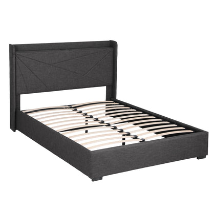 Artiss Double Bed Frame Gas Lift Storage Bed with Charging Ports Upholstered Geometric Headboard Charcoal Grey - Image 2