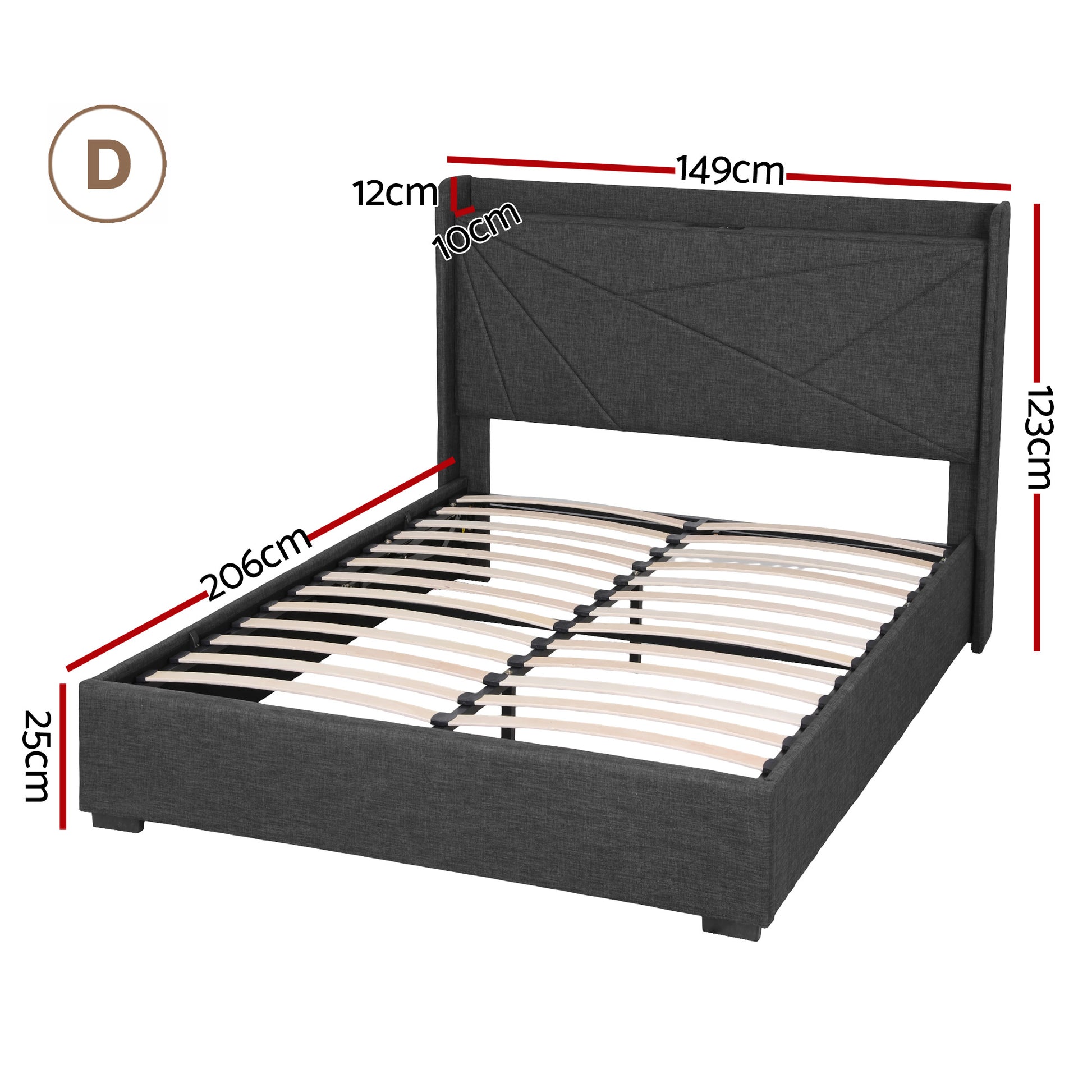 Artiss Double Bed Frame Gas Lift Storage Bed with Charging Ports Upholstered Geometric Headboard Charcoal Grey - Image 3