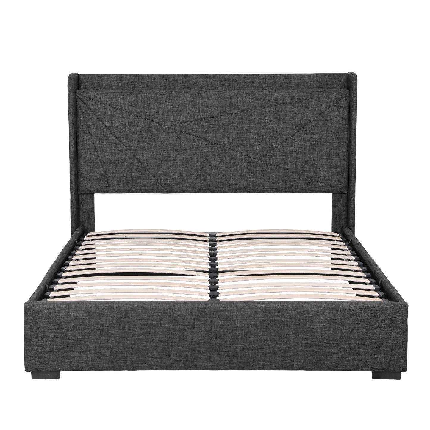 Artiss Double Bed Frame Gas Lift Storage Bed with Charging Ports Upholstered Geometric Headboard Charcoal Grey - Image 4